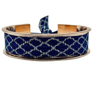 Gold Tone Ribbon Tie Cuff Bracelet Blue White Lattice‎ Pattern Preppy Nautical